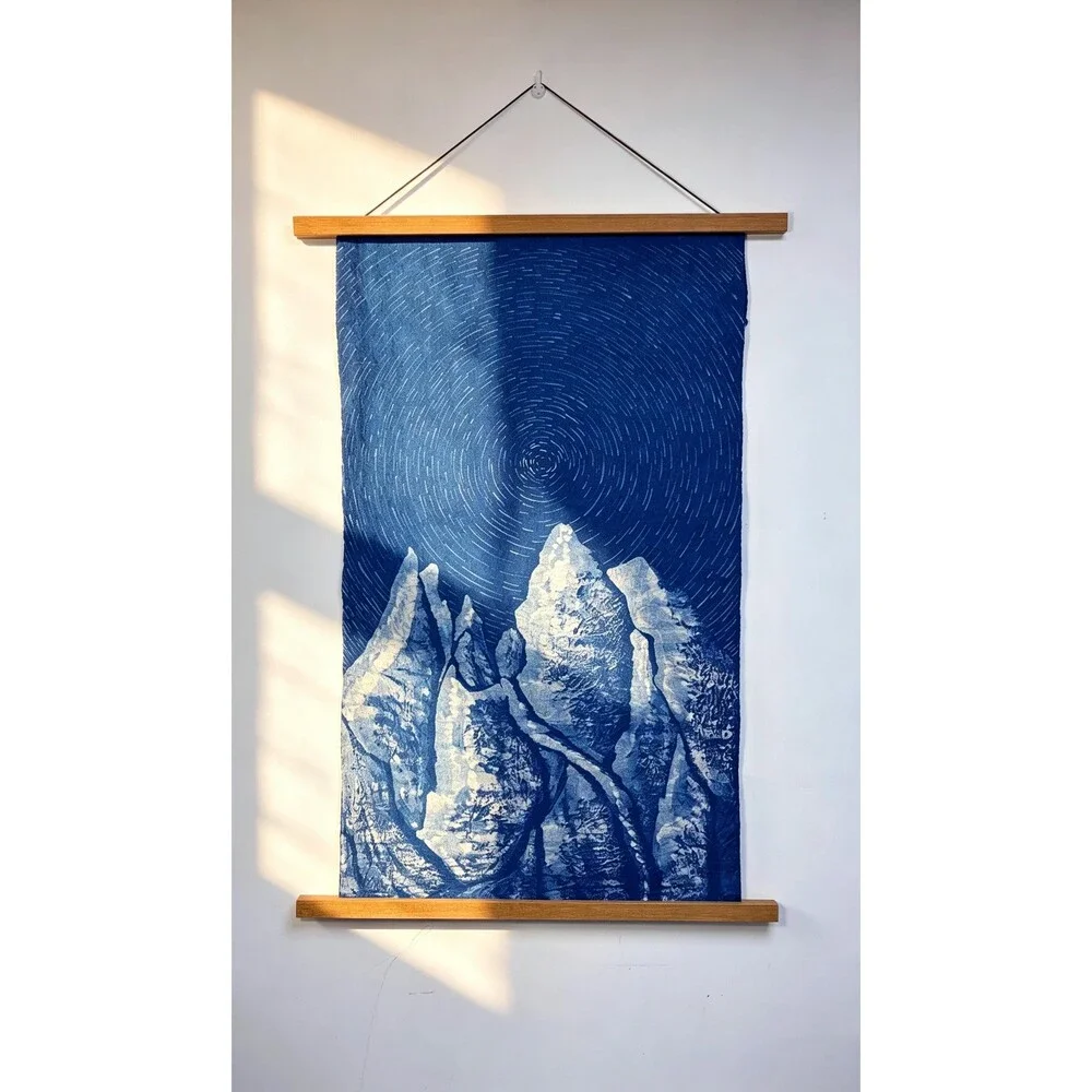 Star Trail Mountain Wall Art | Handmade Indigo Batik Tapestry | Astronomy Gift